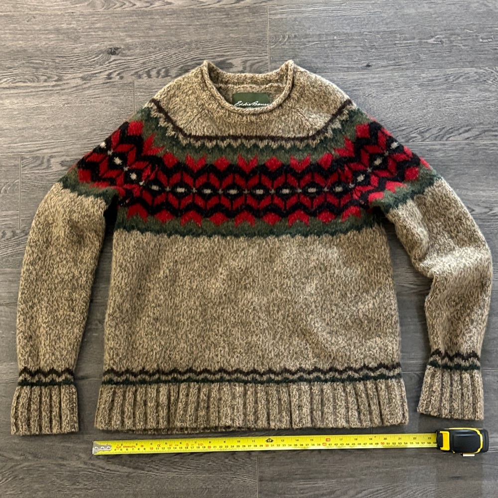 lambs wool Beige Sweater with Red and Green Design